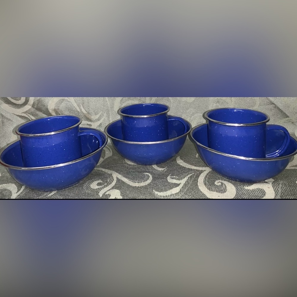 Blue Speckled Enamel Tin Metal 3 Bowls 3 Mugs CupsSilver Metal Rim‎ Camp Hike